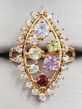 Multi Gemstone Marquise Cocktail Halo Ring Yellow Gold - 925 Sterling Silver